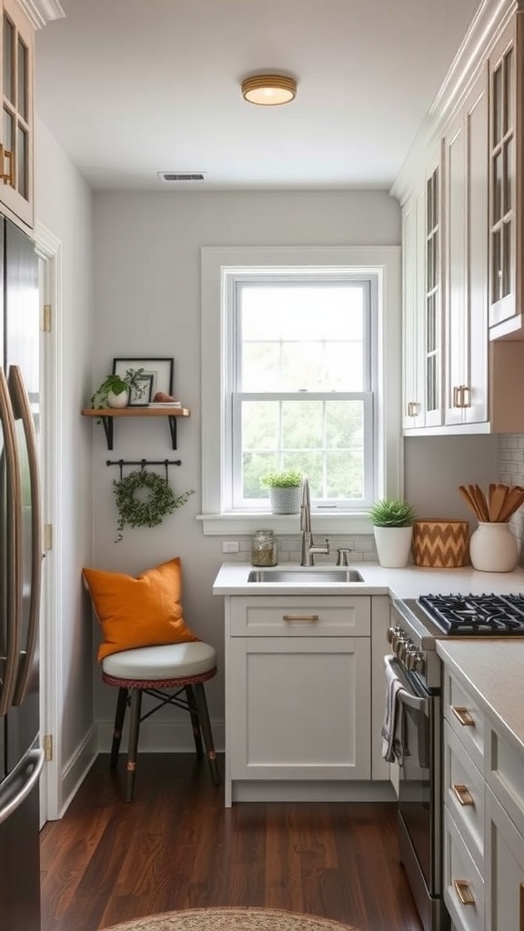 A small kitchen corner with a sink, window, plants, and a chair with an orange cushion.
