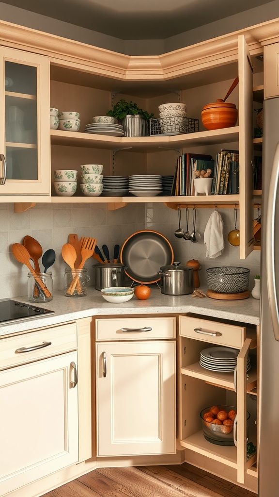 A well-organized kitchen corner with shelves and cabinets, showcasing smart storage solutions.