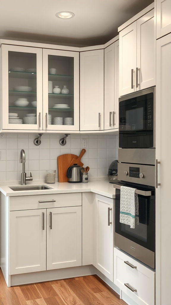 A modern small kitchen with white cabinets and corner storage.