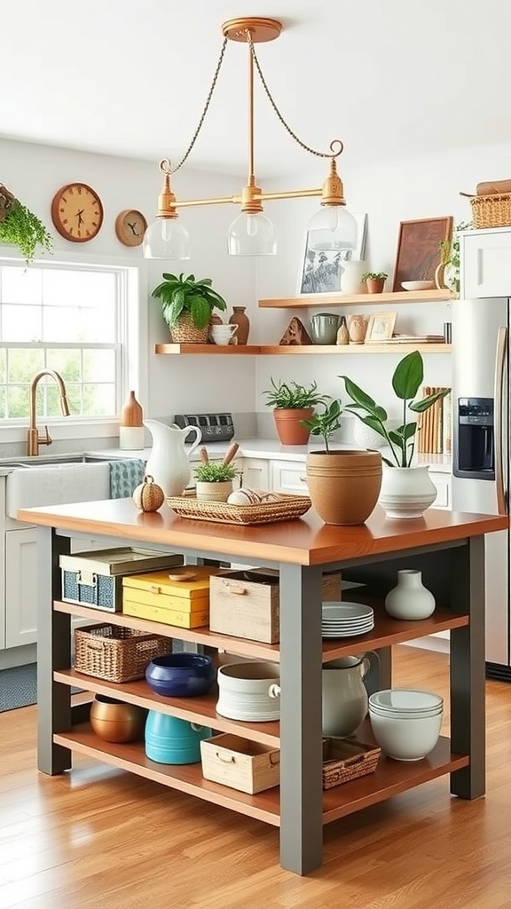 A cozy kitchen island with wooden top, decorative pots, and stylish baskets, illuminated by a chic light fixture.