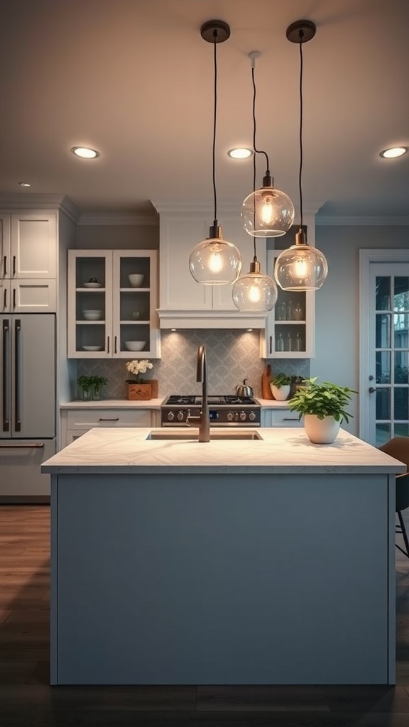 A modern kitchen island with pendant lights and a sleek design
