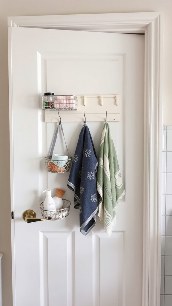 Bathroom door with hooks and wire baskets for organization