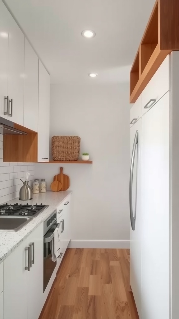 A small galley kitchen featuring sleek cabinets, an open shelf with a basket, and wooden cutting boards.