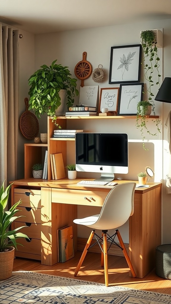 A small home office setup with a wooden desk, a comfortable chair, and plants, showcasing a cozy workspace.