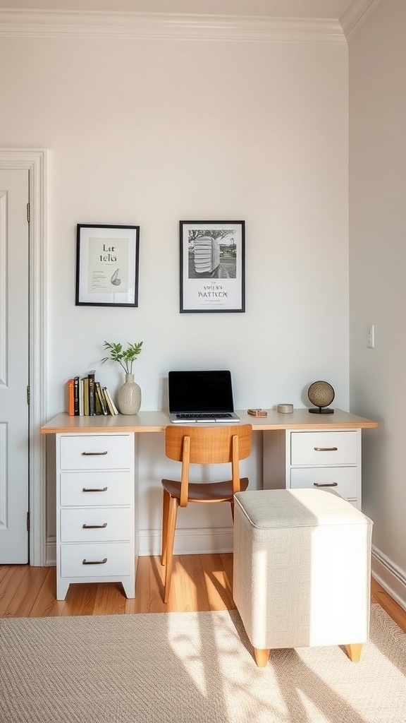 A small home office featuring a desk with drawers, a chair, and an ottoman, designed for space-saving and functionality.