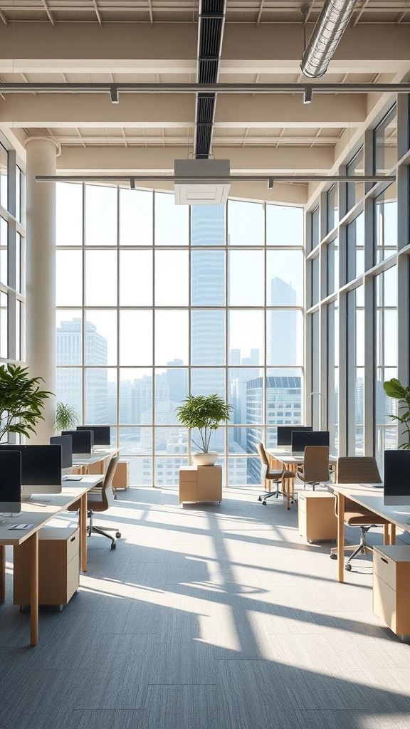 A bright office space with large windows, desks, and indoor plants