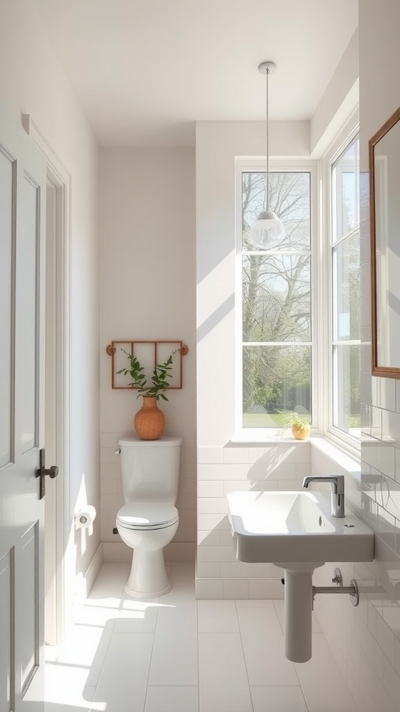 A bright small bathroom featuring a window, plants, and a neutral color palette