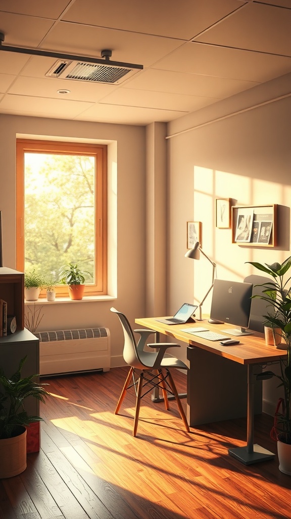 A bright home office with a window letting in natural light, plants, and a wooden desk.