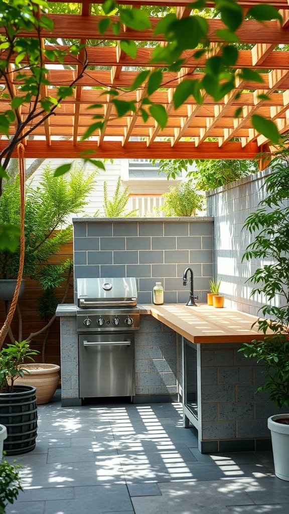 A small outdoor kitchen with a wooden trellis providing shade, surrounded by plants.