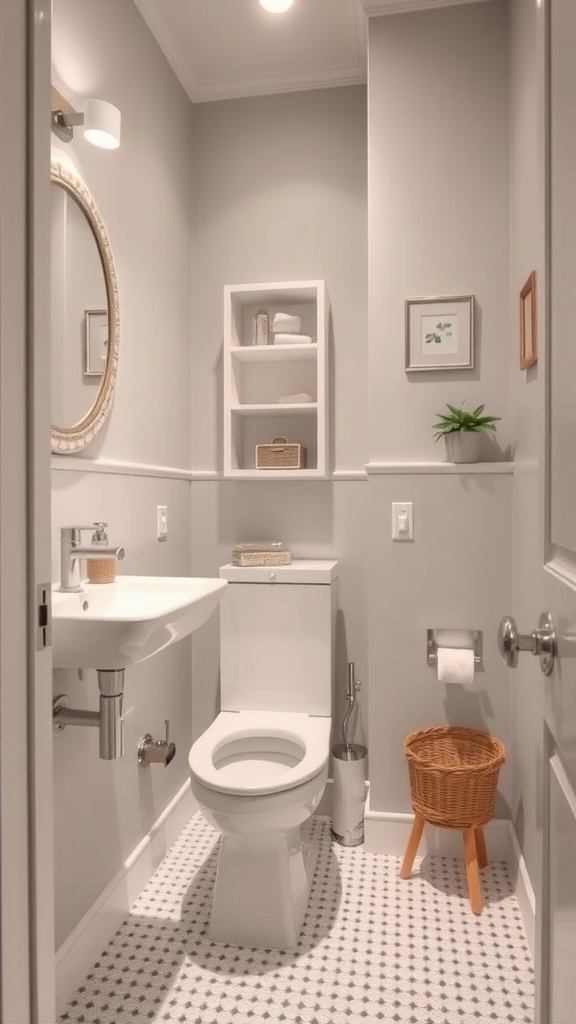 A small, stylish bathroom featuring a round mirror, compact sink, and wall shelves for storage.