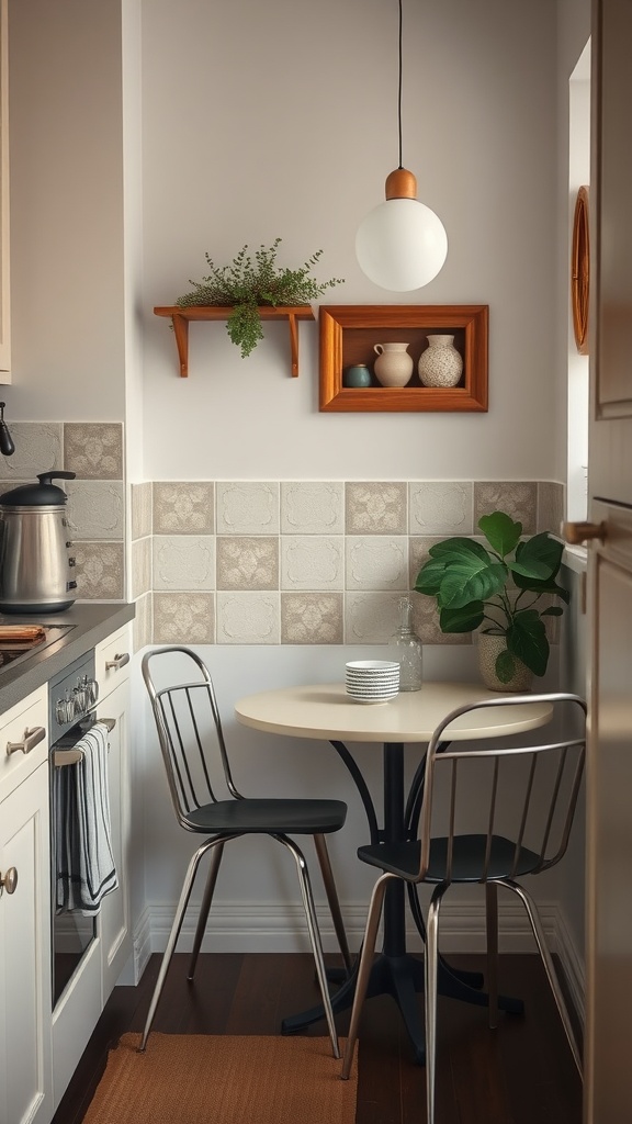 A cozy nook in a small apartment kitchen featuring a round dining table with two chairs, a floating shelf with plants and decorative items, and a warm inviting atmosphere.