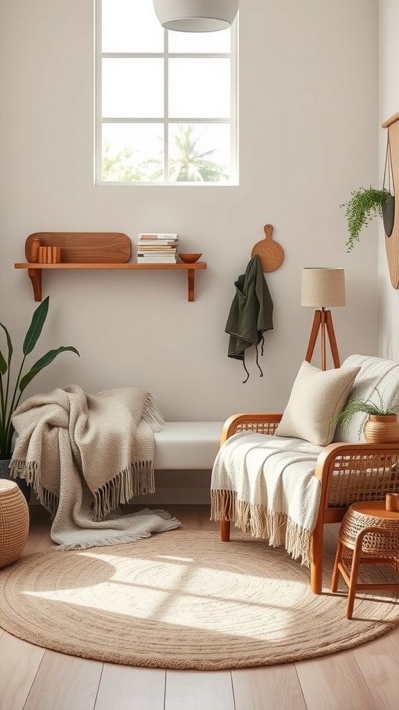 A cozy therapy office corner featuring a chair, a round rug, blankets, and decor elements.