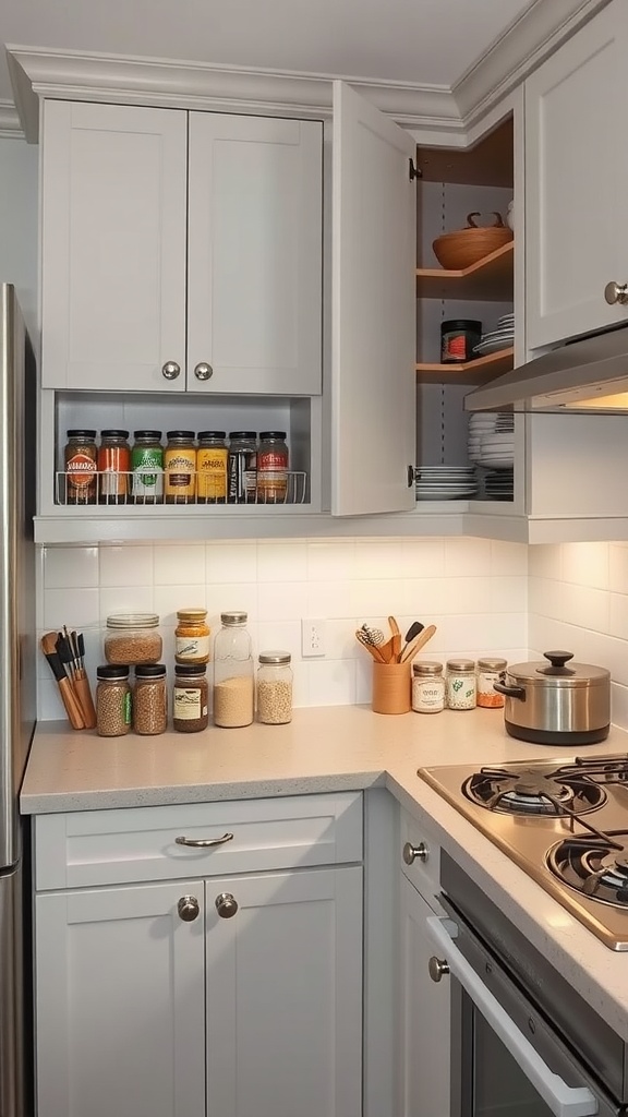 A small kitchen with organized cabinets and jars on the countertop