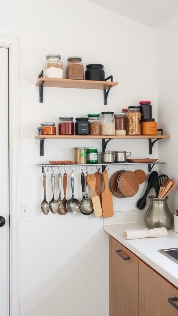 Wall shelves in a small kitchen displaying jars and utensils