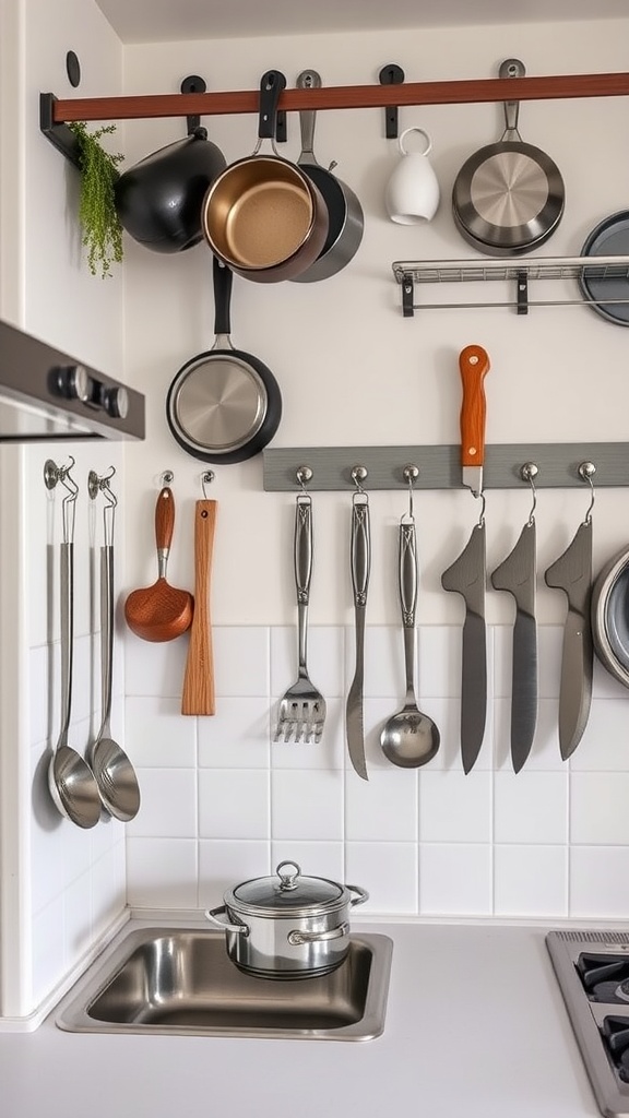 A small kitchen with wall-mounted accessories including pots, utensils, and a plant.