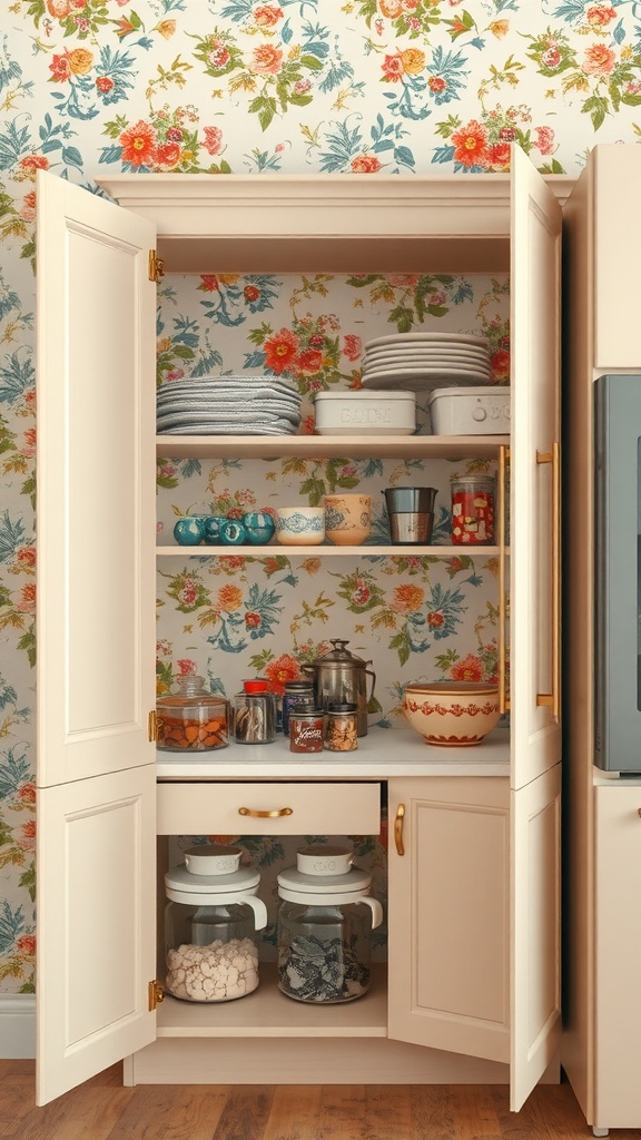 A kitchen cabinet interior with floral wallpaper, displaying colorful dishes and jars.
