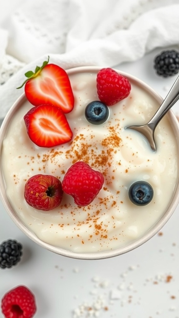 A bowl of creamy vanilla bean sweet rice pudding topped with fresh fruits and a sprinkle of cinnamon.