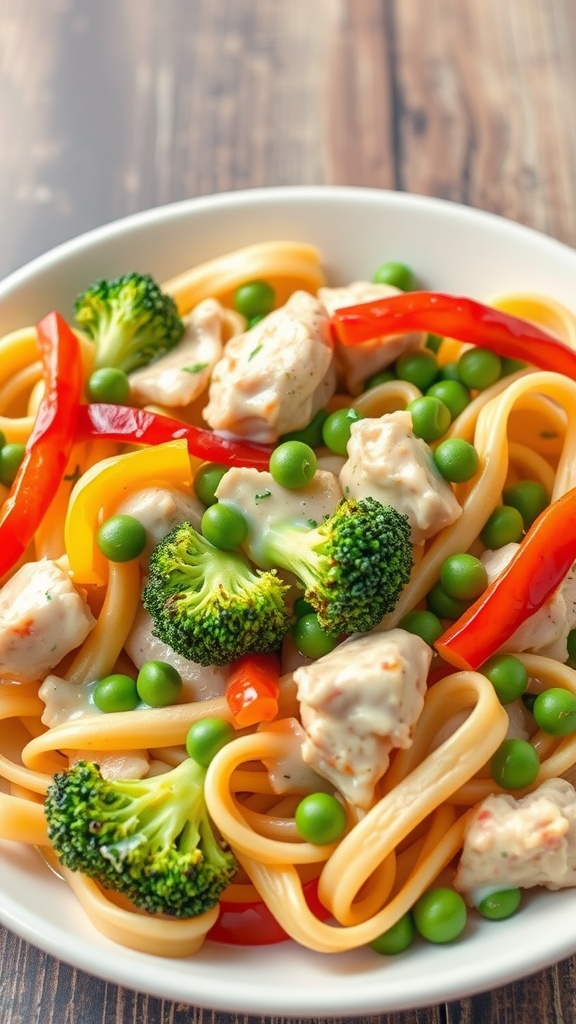 A delicious plate of Chicken Alfredo with colorful vegetables.