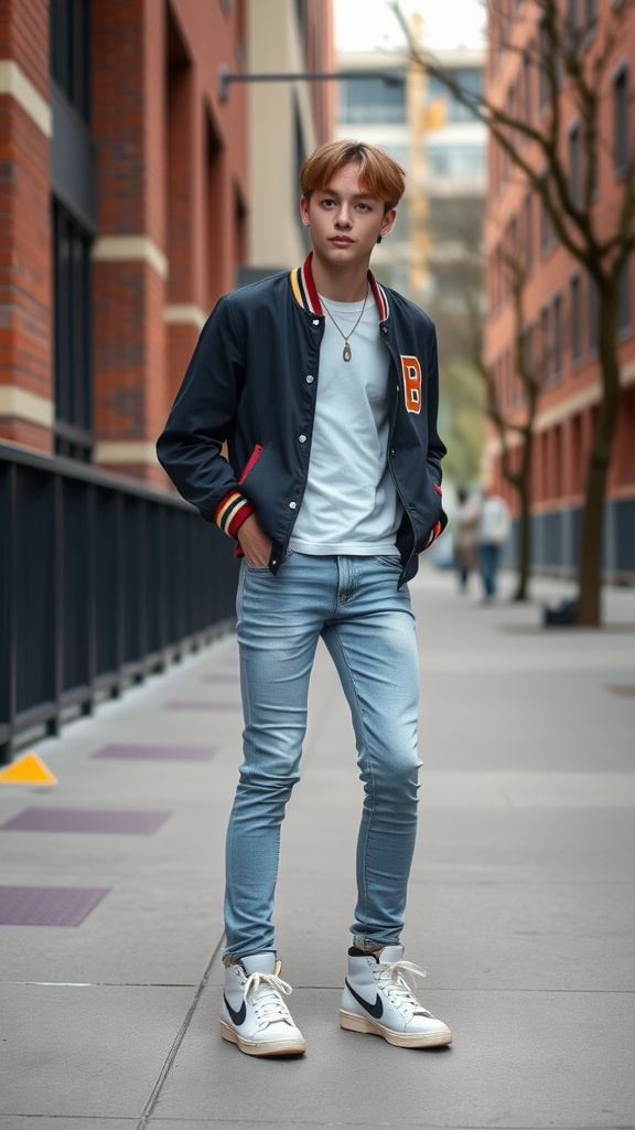 A young person wearing a navy varsity jacket, white t-shirt, and light blue jeans, standing in an urban setting.
