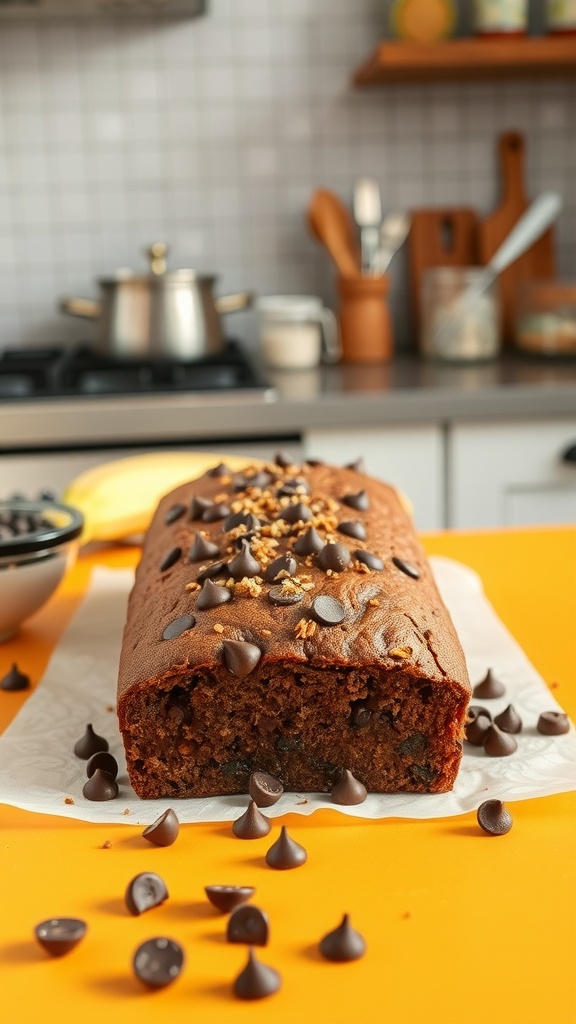 Vegan Chocolate Chip Banana Bread with chocolate chips sprinkled on top.