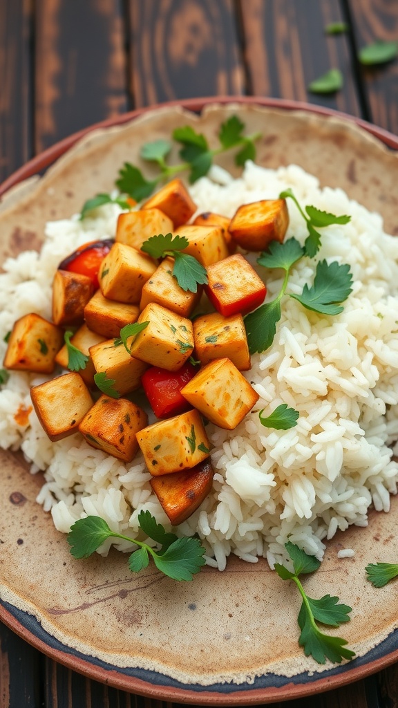 Vegan coconut rice dish with sautéed cubes of tofu and garnished with cilantro.