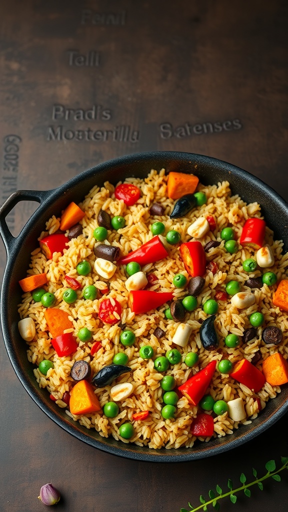 A vibrant Vegetable Paella Rice Dish with colorful vegetables