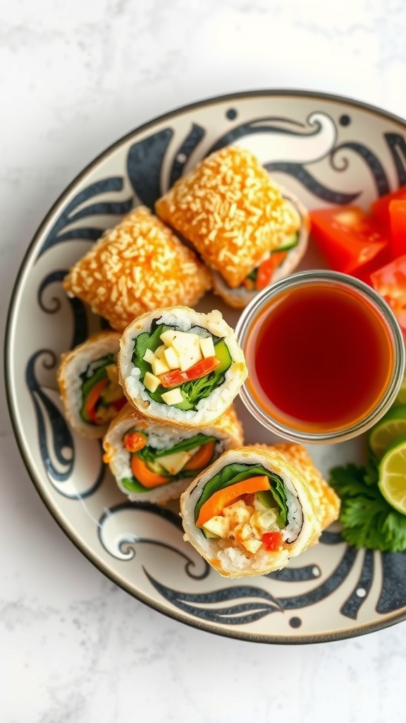 A plate of delicious vegetable tempura sushi rolls served with dipping sauce.