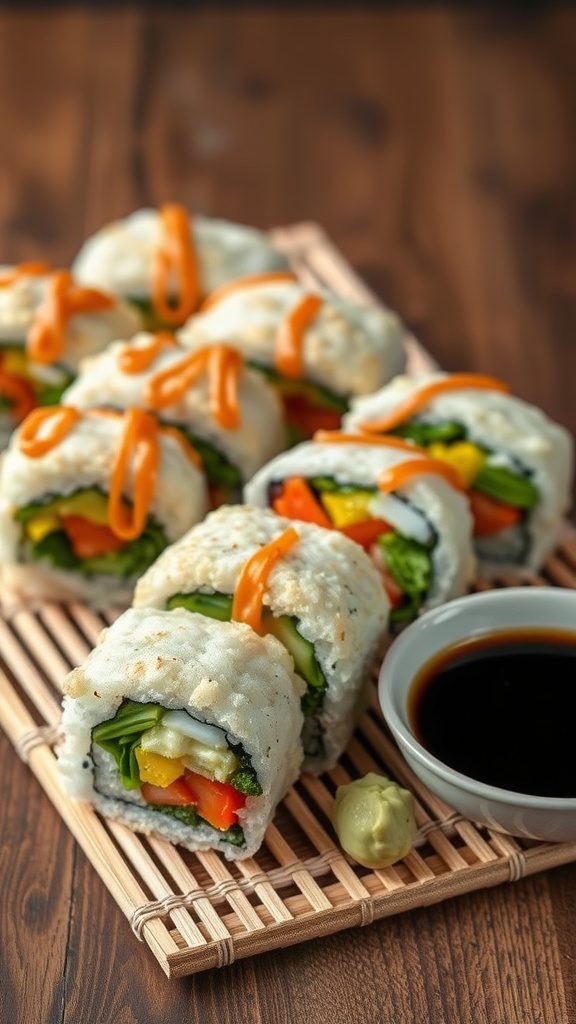 Vegetable Tempura Sushi Rolls arranged on a bamboo mat with soy sauce and wasabi