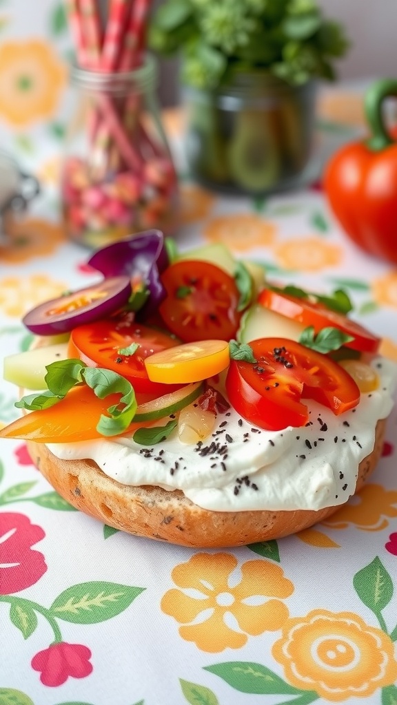 A colorful vegetarian bagel sandwich topped with fresh vegetables and cream cheese.