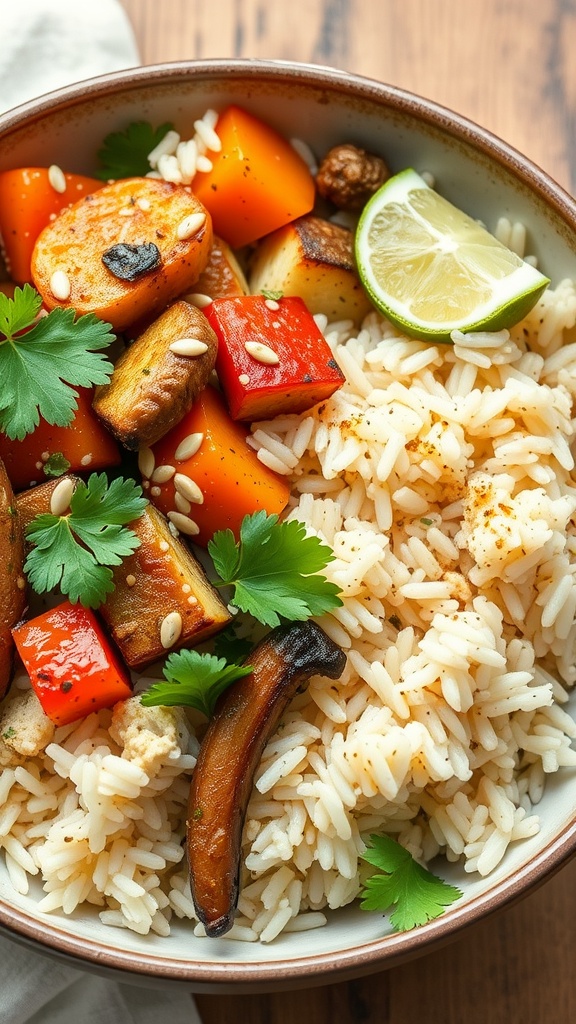 A bowl of cilantro lime rice topped with roasted vegetables and garnished with cilantro and lime slices.
