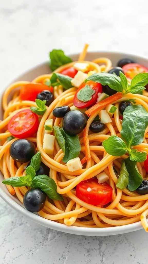 A vibrant vegetarian spaghetti salad with fresh vegetables and herbs.
