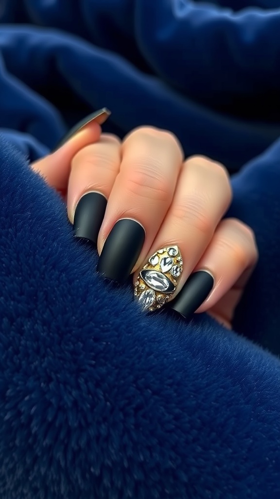Close-up of hands with velvet matte black nails and a rhinestone accent on one finger.