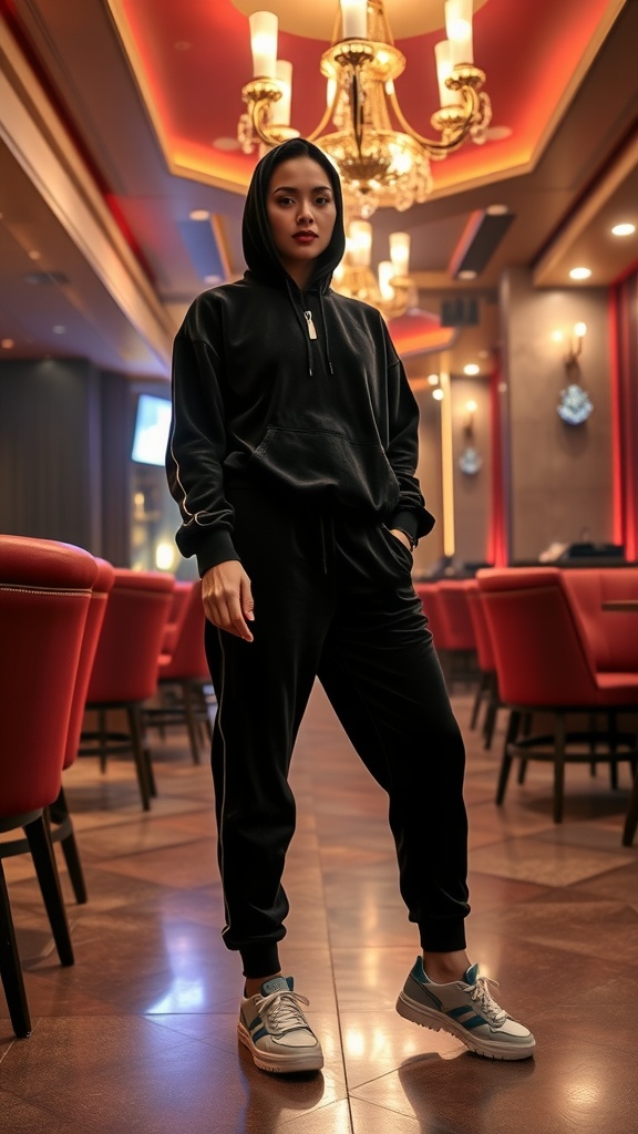 A person wearing a black velvet tracksuit with a hood, standing confidently in a chic venue.