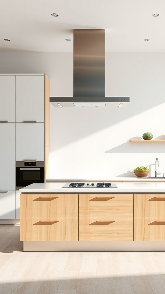 A modern kitchen island featuring a stove and a stylish overhead range hood.