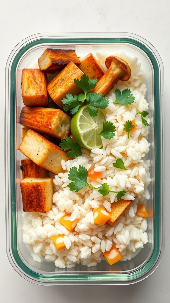 A glass container filled with cilantro lime rice, roasted vegetables, and garnished with lime and cilantro.