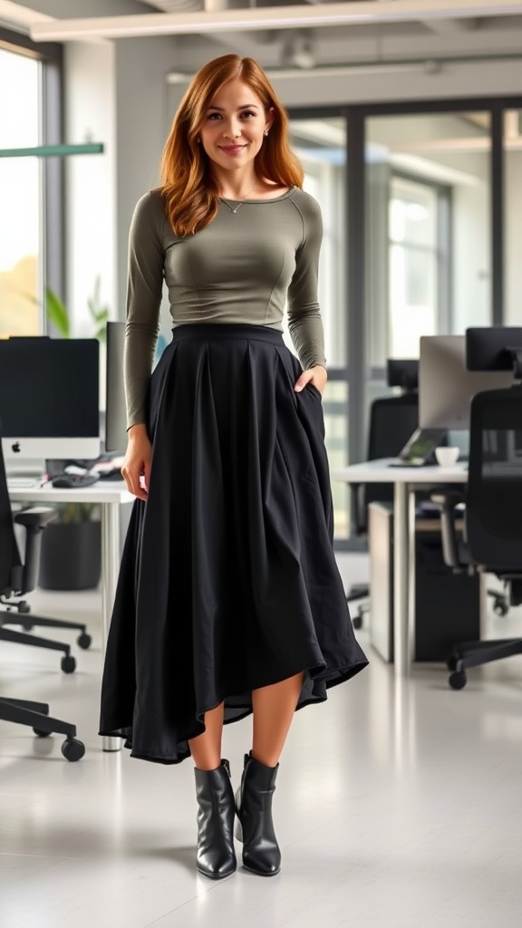 A woman in a black midi skirt and fitted top, standing in a modern office.