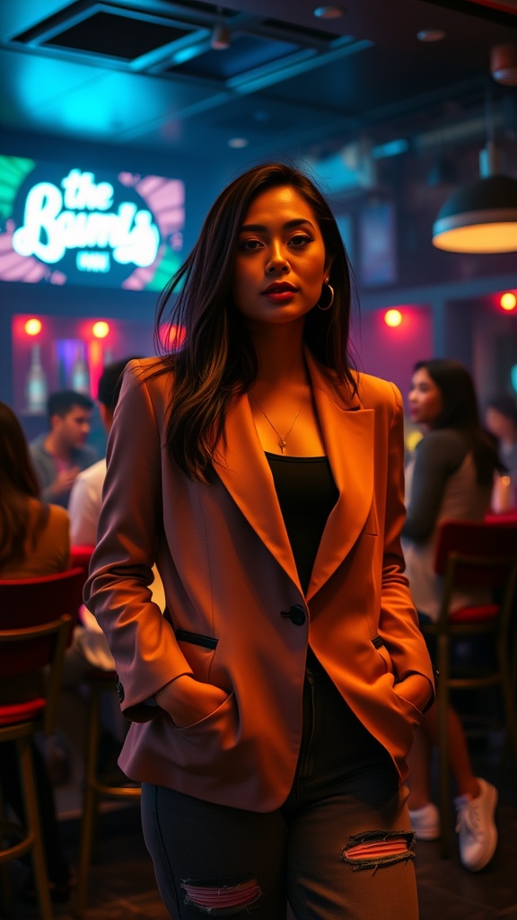 A woman wearing a stylish blazer and ripped jeans at a nightclub, exuding confidence.
