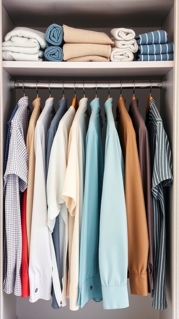 A well-organized closet with a variety of button-up shirts hanging neatly and some folded clothes on shelves