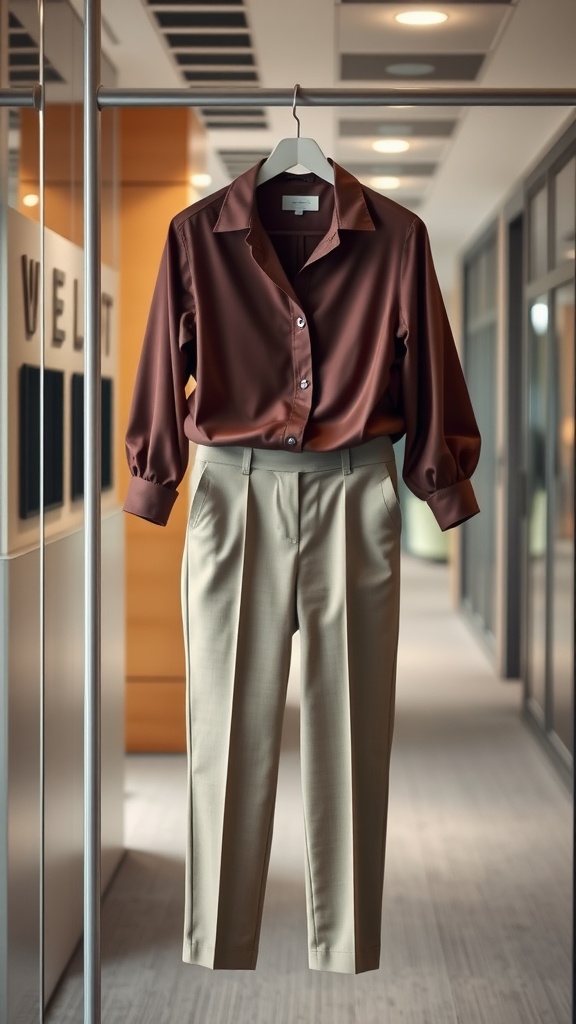 A polished brown blouse paired with beige chinos, showcased on a hanger in a modern office setting.