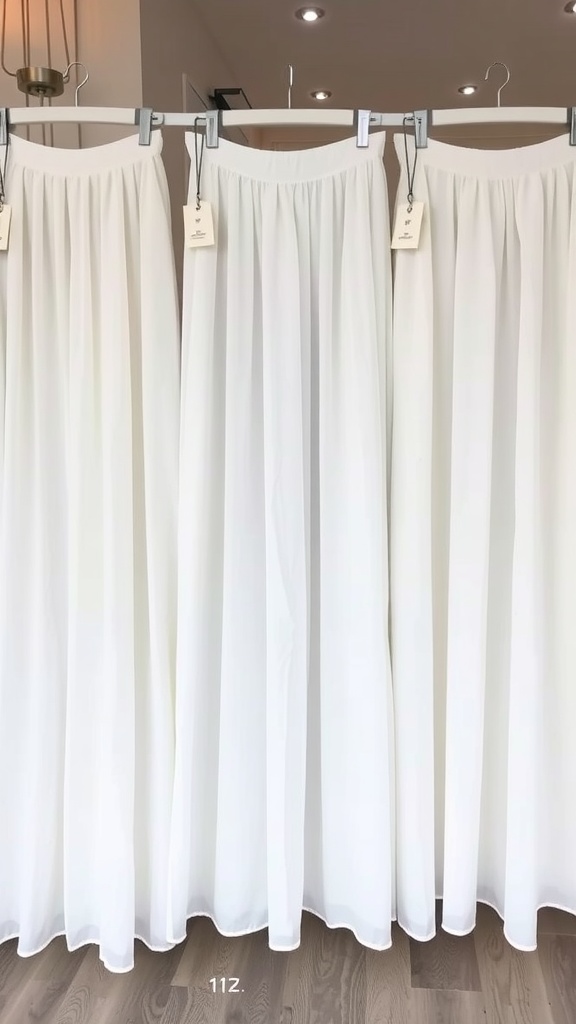 Three white maxi skirts hanging on display