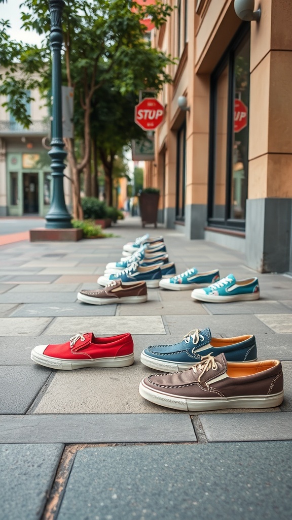 A collection of casual footwear displayed on a sidewalk, showcasing various styles and colors.