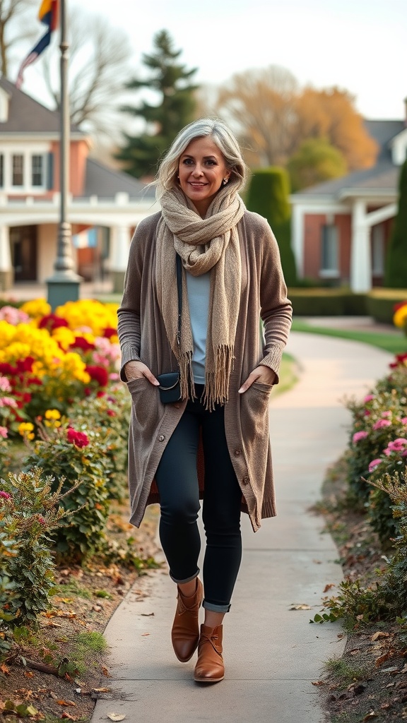 Woman in a cardigan and scarf walking in a garden at a country club