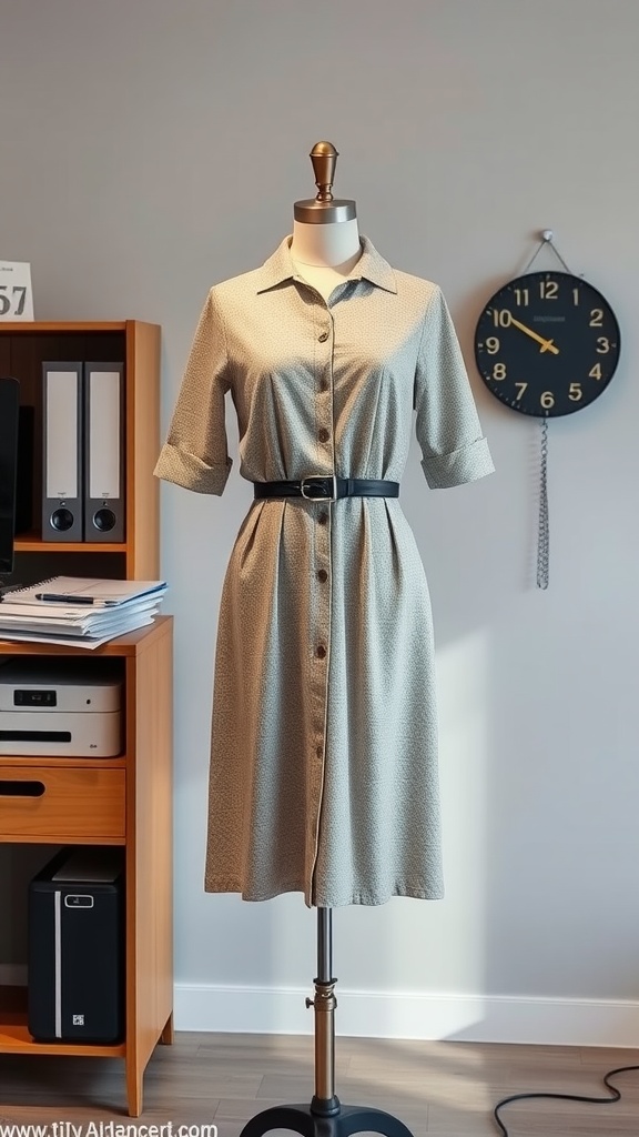 A light-colored midi dress on a mannequin with a structured collar and belted waist in a modern office setting.