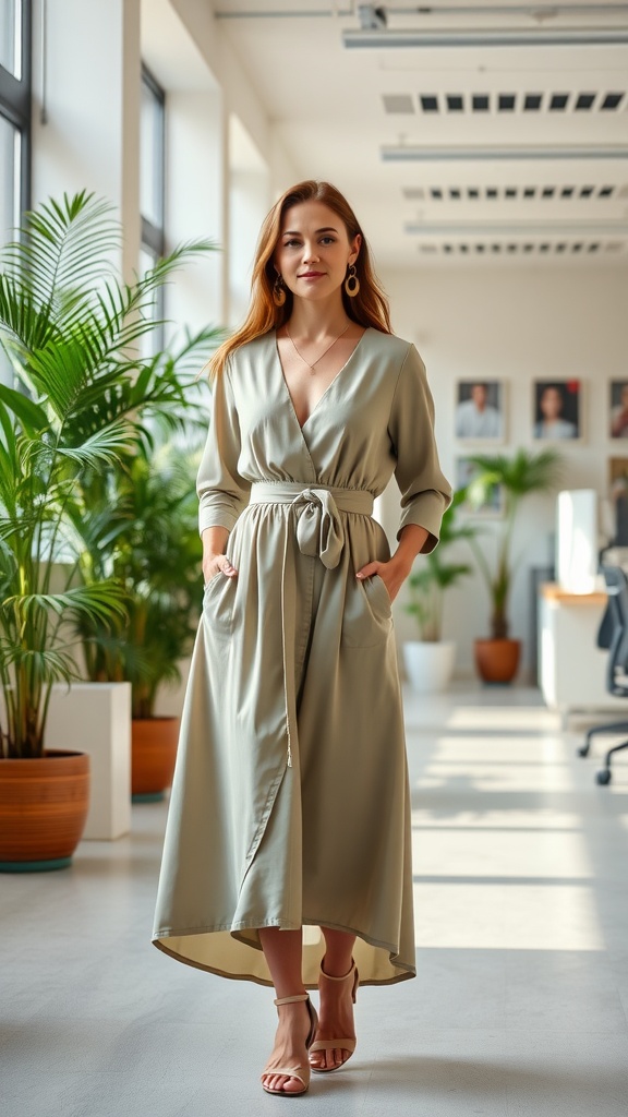 A woman in a stylish, light-colored midi dress with a wrap design, standing in an office setting with plants.