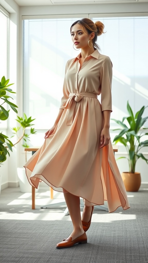 A woman in a light peach midi dress with a tie waist, standing in an office with plants and natural light.
