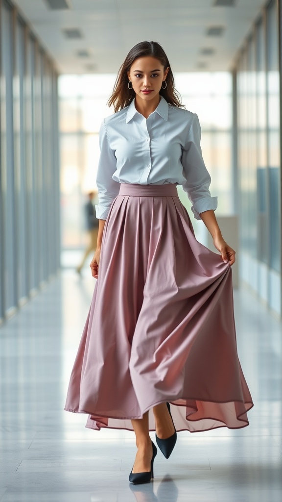 A model wearing a white shirt and a pink midi skirt, walking confidently in a modern office corridor.