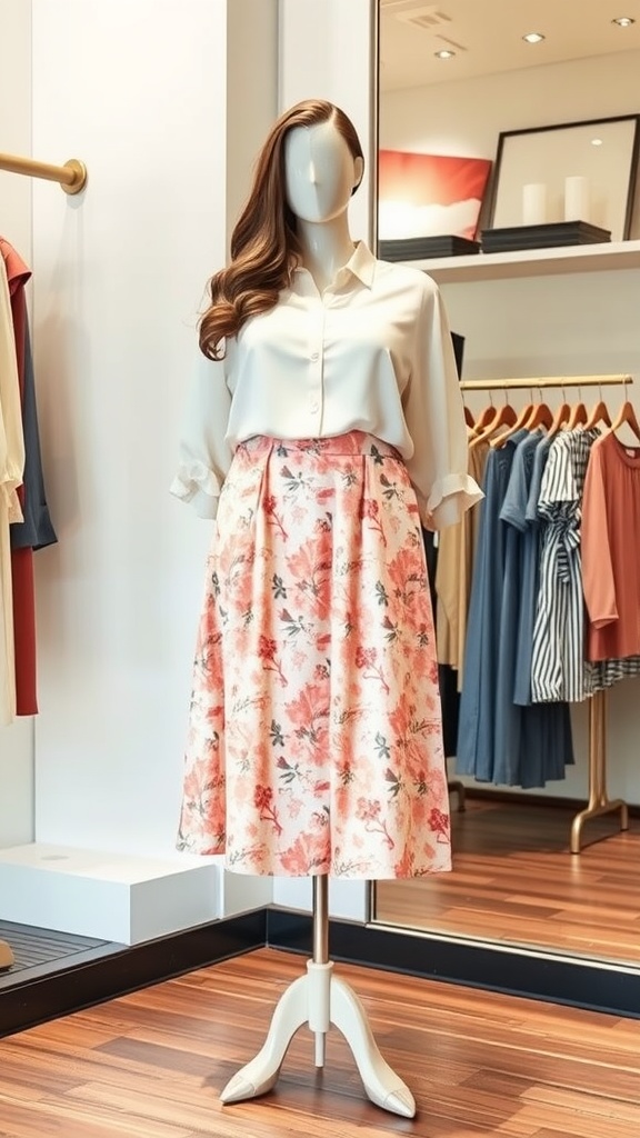 A mannequin displays a floral midi skirt and white blouse in a stylish retail setting.
