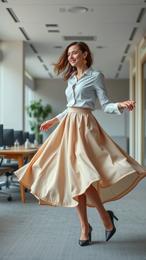 A woman in a professional setting wearing a beige midi skirt and a light blue blouse, smiling and twirling.