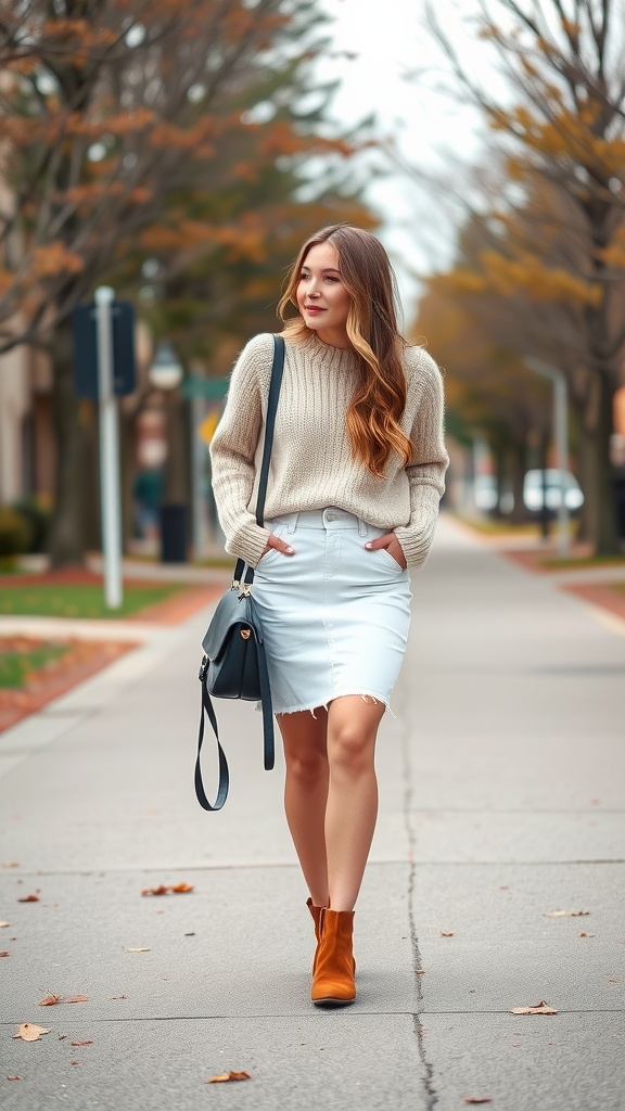 A young woman walking down a tree-lined street wearing a cozy sweater and a white denim skirt, showcasing a stylish autumn outfit.