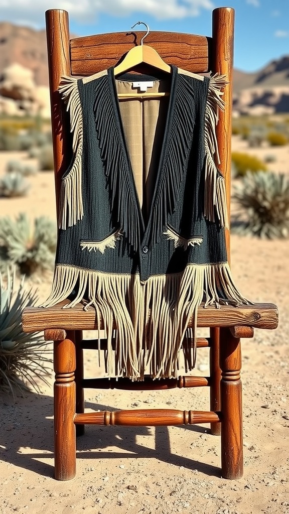 A black fringe vest displayed on a wooden chair in a desert setting